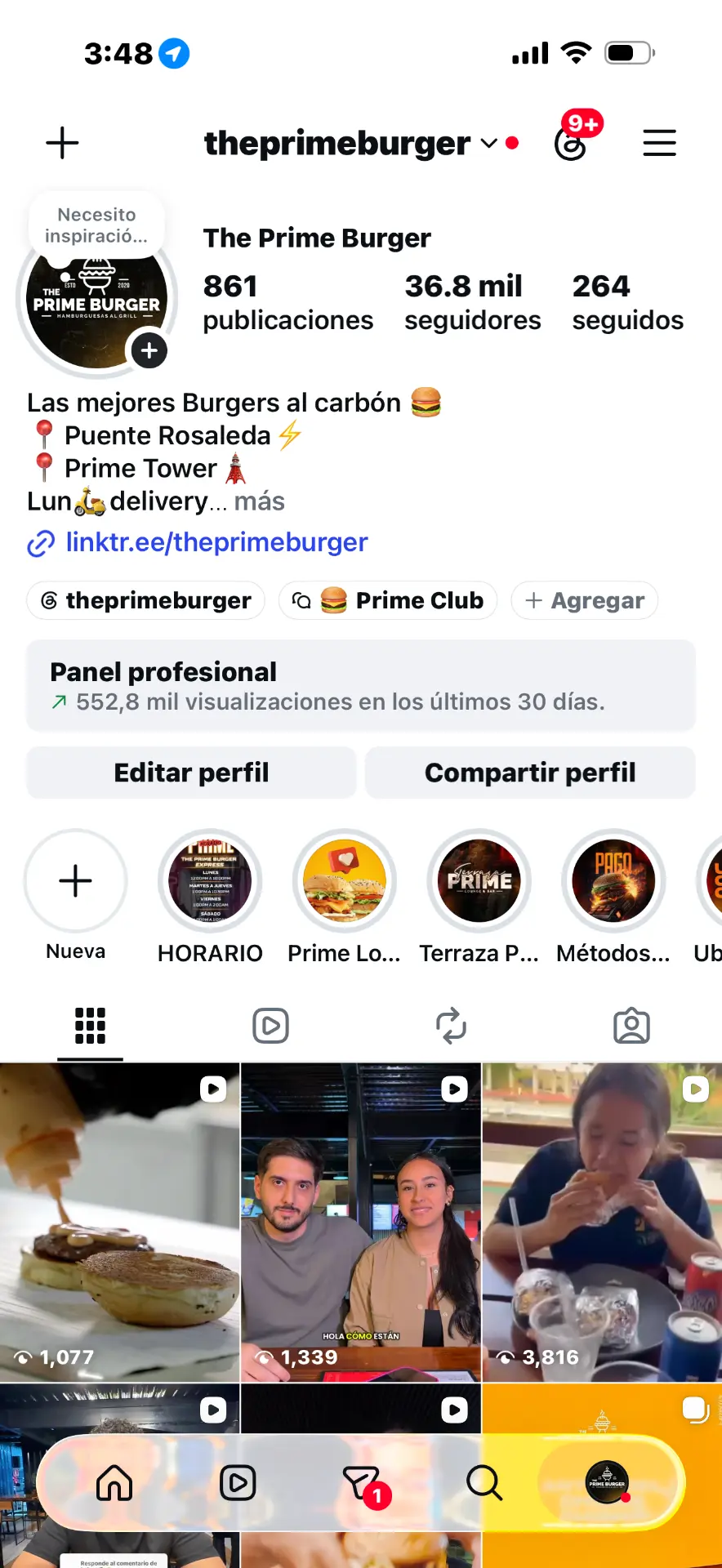 36,8 mil seguidores, 861 publicaciones y 552,8 mil visualizaciones en los últimos 30 días.
