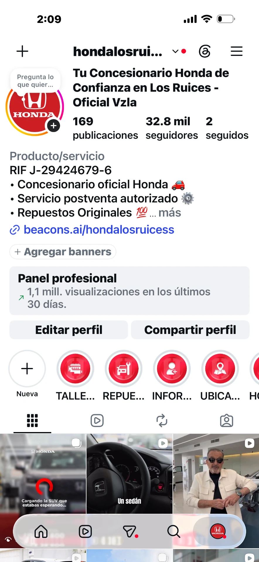 Perfil oficial con 169 publicaciones, destacadas por intención y enlace directo a contacto.